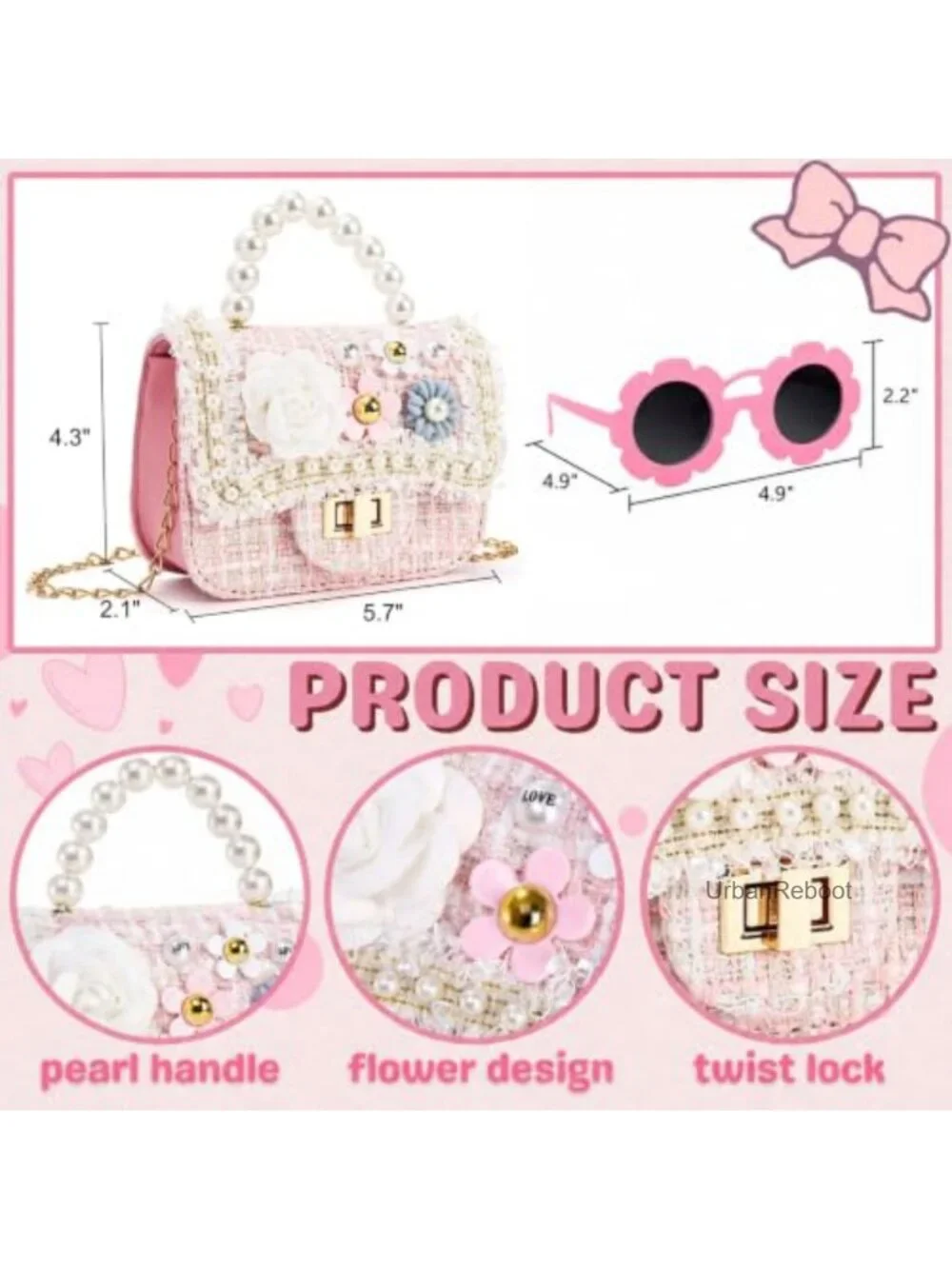 Girls Mini Purse with Sunglasses PU Leather Pearl Flower Chain Bag